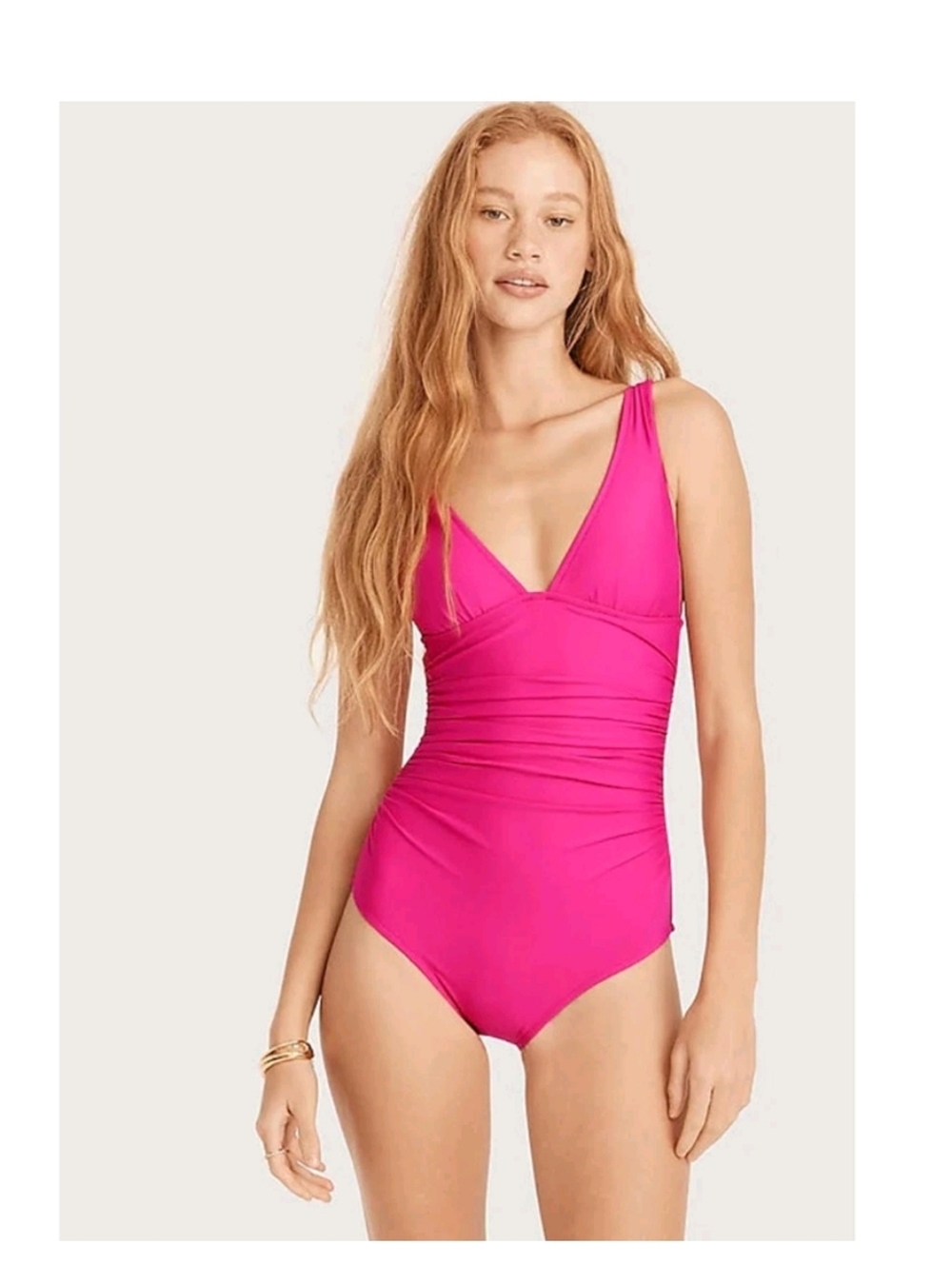 J. Crew Neon Pink Deep V Neck Ruched One Piece Women's Swimsuit small